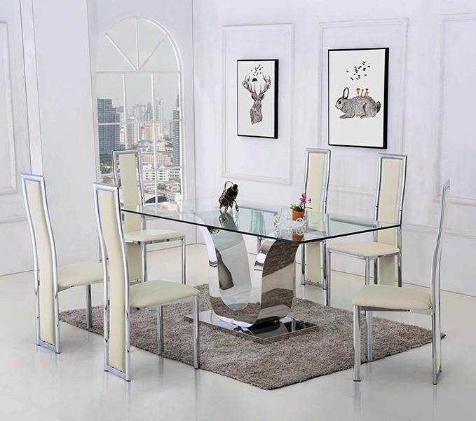 Alexandria Glass and Chrome 180 cm Dining Table and 4 Ivory Elsa Chairs Set