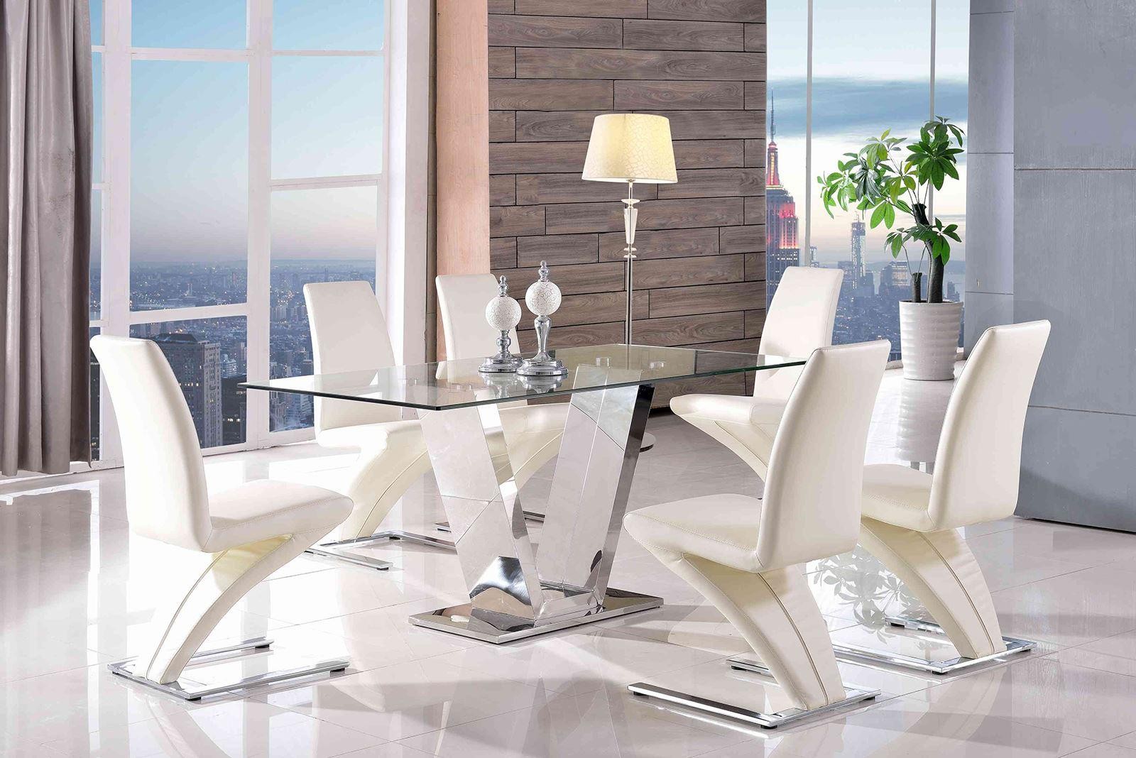 Valentino Glass and Steel Designer Dining Table with 4 Zed Designer Dining Chairs [Ivory]