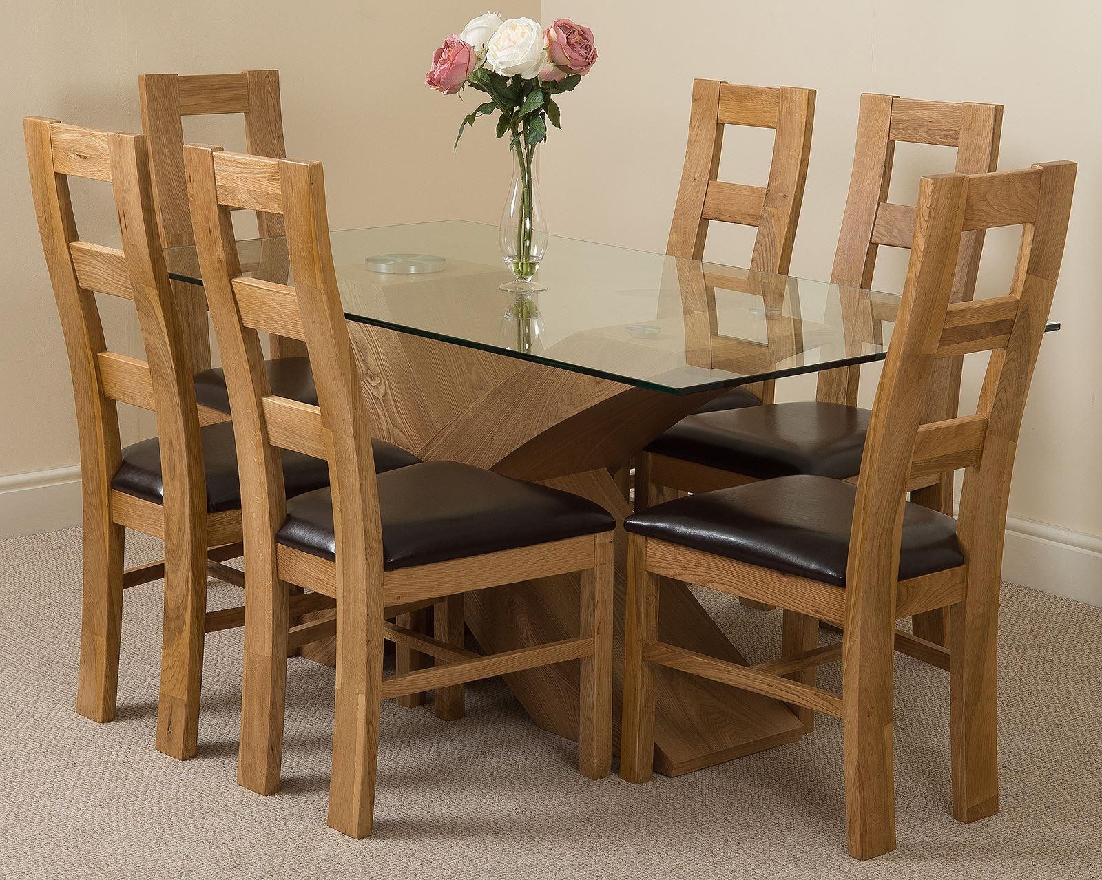 Valencia Oak 160cm Wood and Glass Dining Table with 6 Yale Solid Oak Dining Chairs [Light Oak and Brown Leather]