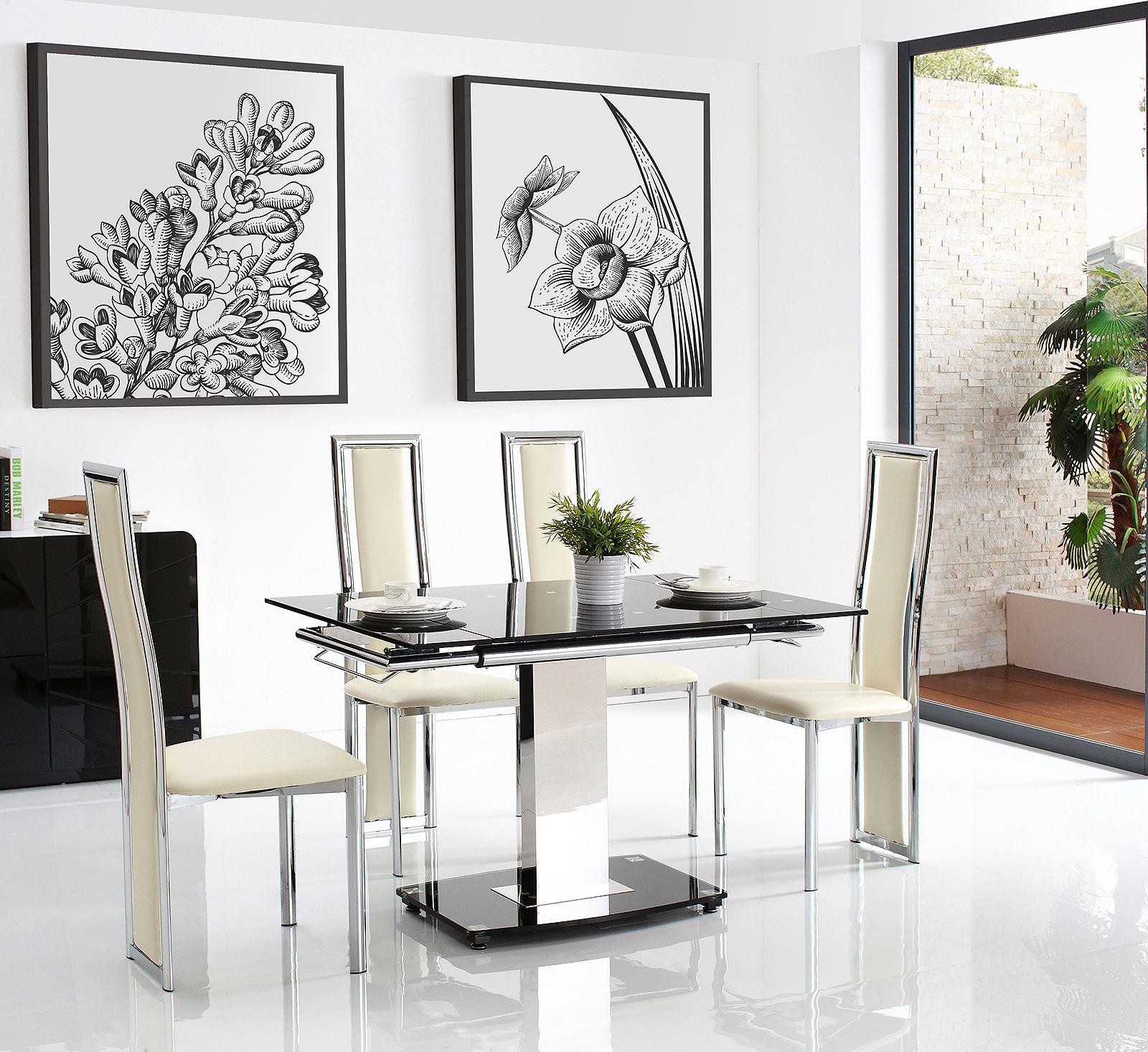 Front of Enzo 80-120cm Extending Glass Dining Table with 4 Elsa Designer Dining Chairs [Ivory]