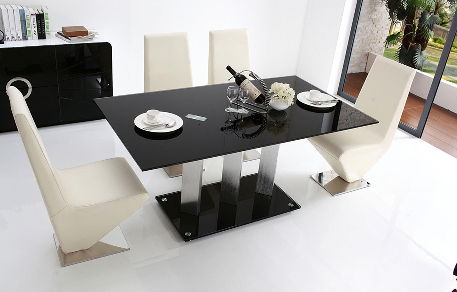 Vienna Black Glass 160cm Dining Table with 6 Zed Designer Dining Chairs [Ivory]