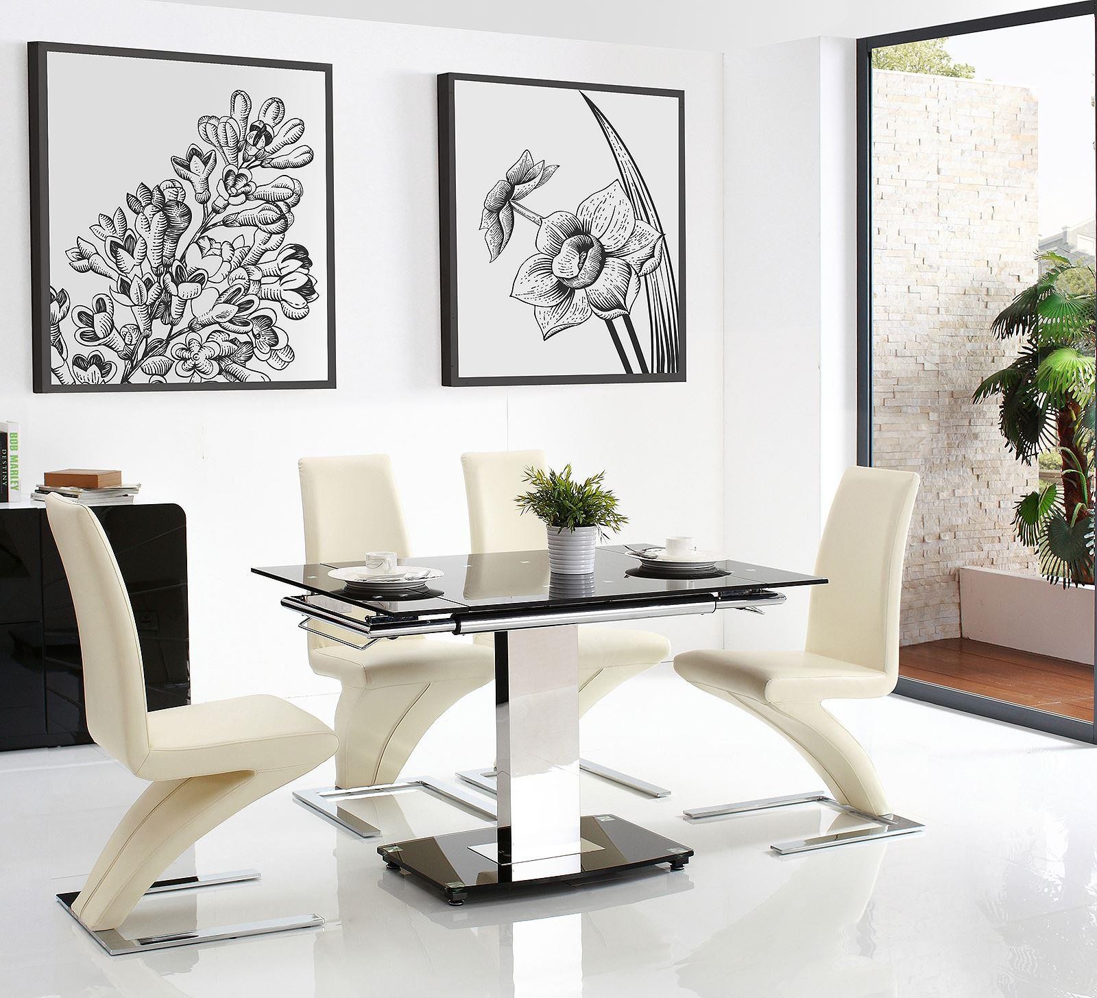 Front of Enzo 80-120cm Extending Glass Dining Table with 4 Zed Designer Dining Chairs [Ivory]