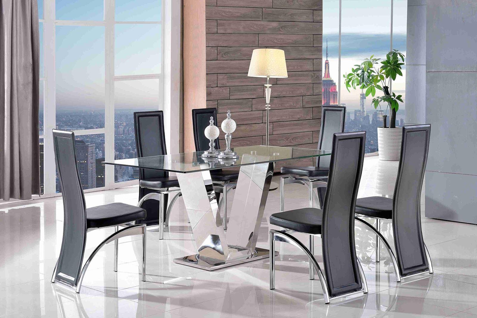 Valentino Glass and Steel Designer Dining Table with 4 Alisa Dining Chair [Black]