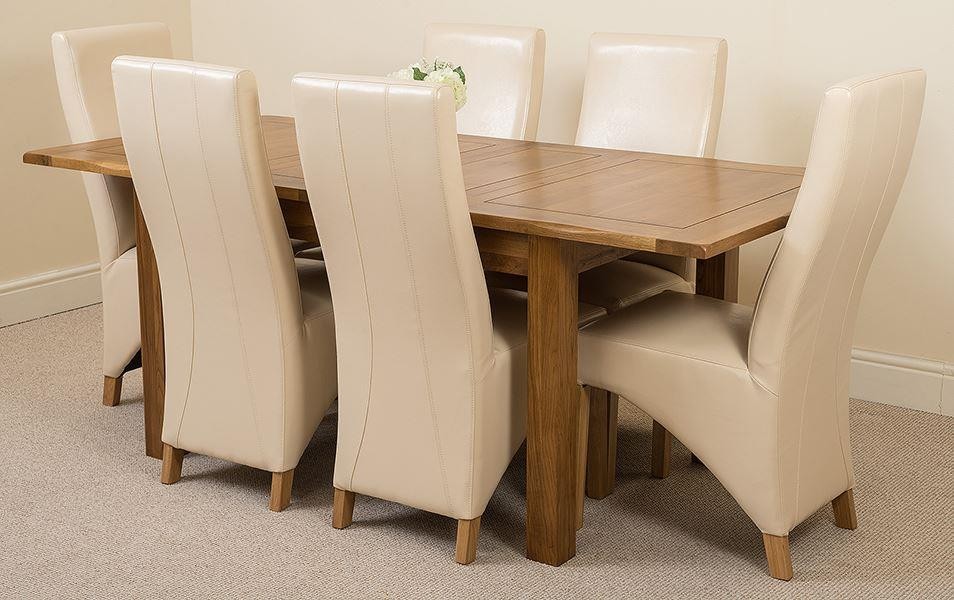 Cotswold Rustic Solid Oak 132cm-198cm Extending Farmhouse Dining Table with 6 Lola Dining Chairs [Ivory Leather]