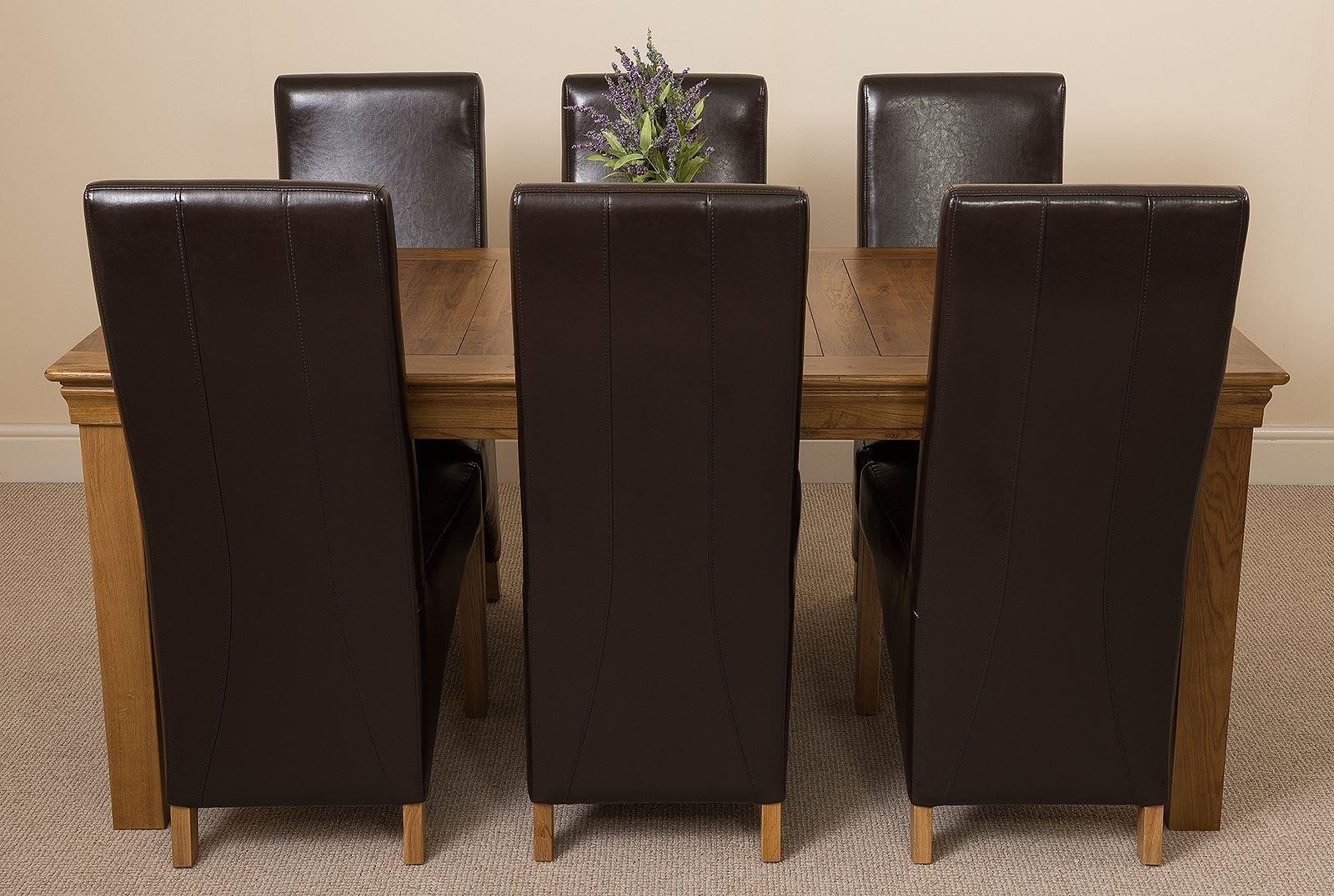 French Chateau Rustic Solid Oak 180cm Dining Table with 6 Lola Dining Chairs [Black Leather]