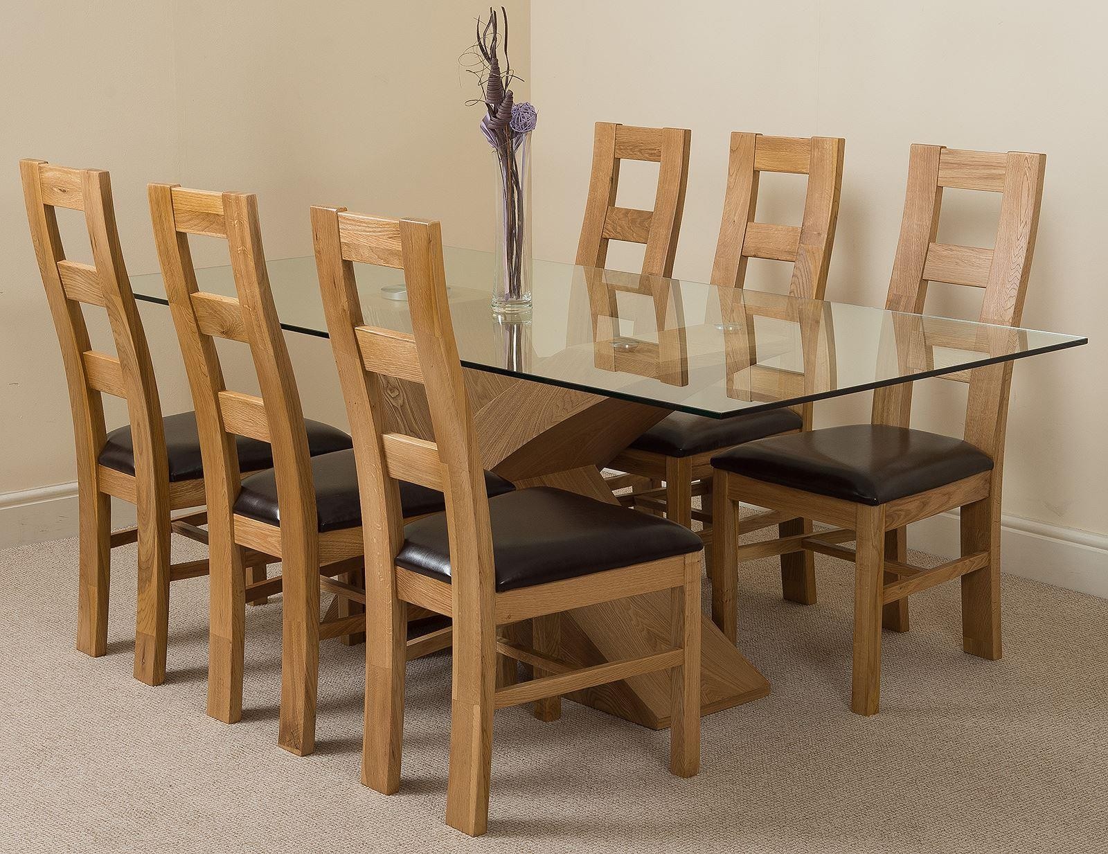 Valencia Oak 200cm Wood and Glass Dining Table with 6 Yale Solid Oak Dining Chairs [Light Oak and Brown Leather]