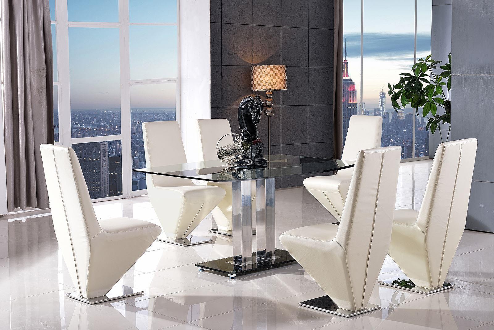 Roma Black Glass Dining Table with 6 Rita Designer Dining Chairs [Ivory]
