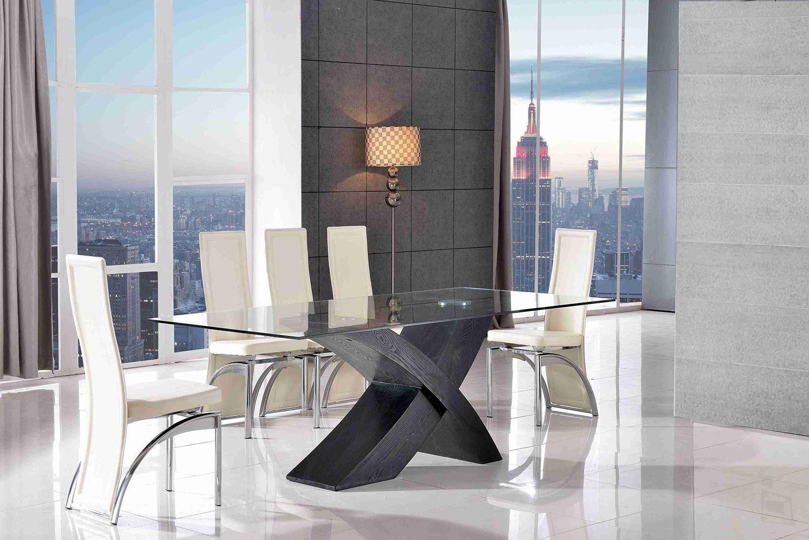 Valencia Black 200cm Wood and Glass Dining Table with 8 Alisa Dining Chair [Ivory]