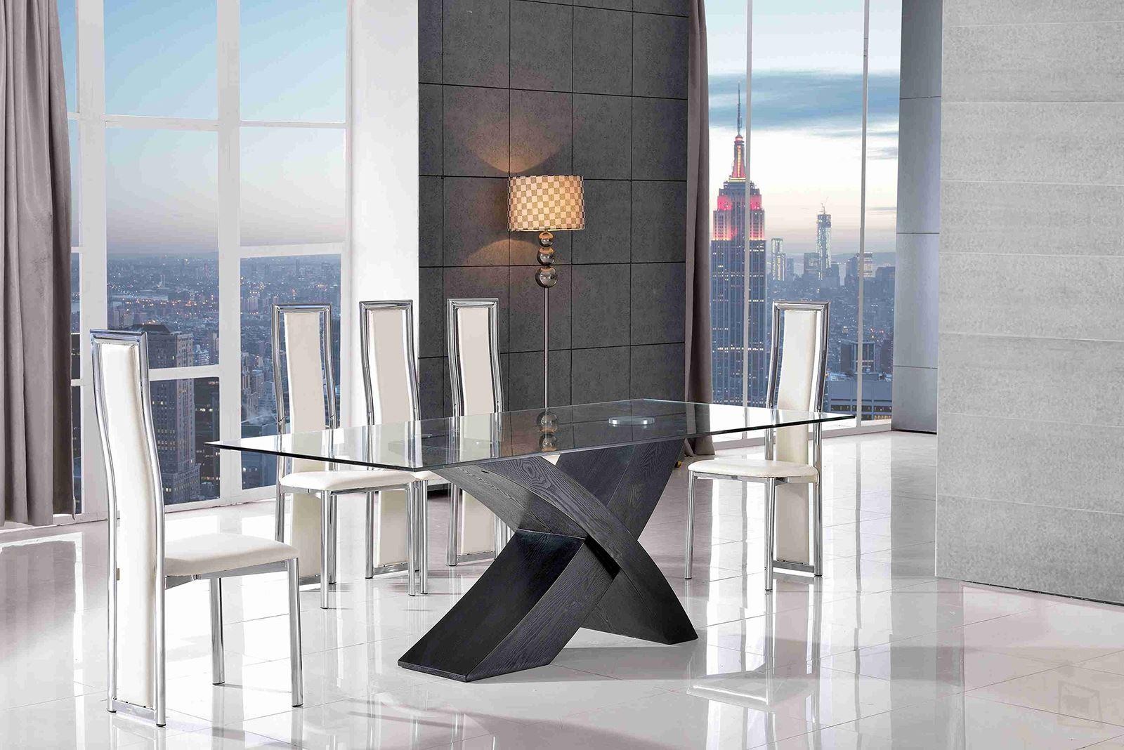 Valencia Black 200cm Wood and Glass Dining Table with 6 Elsa Designer Dining Chairs [Ivory]