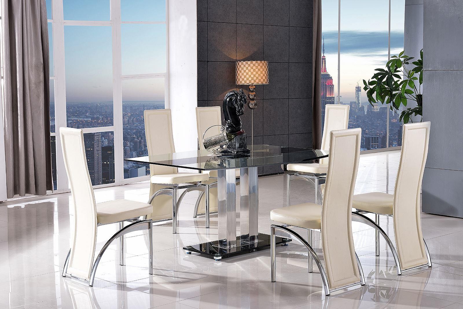 Roma Black Glass Dining Table with 6 Alisa Dining Chair [Ivory] 