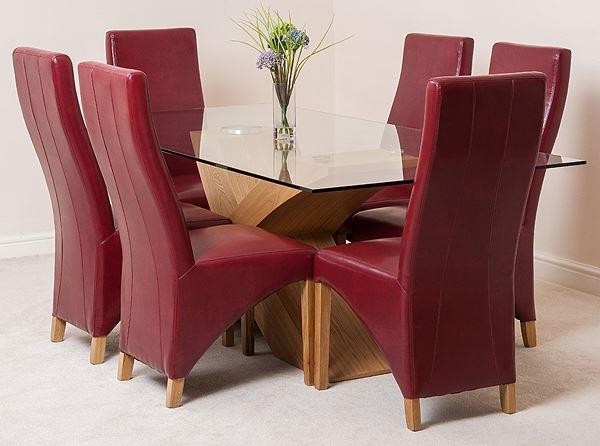 Valencia Oak 200cm Wood and Glass Dining Table with 6 Lola Dining Chairs [Burgundy Leather]