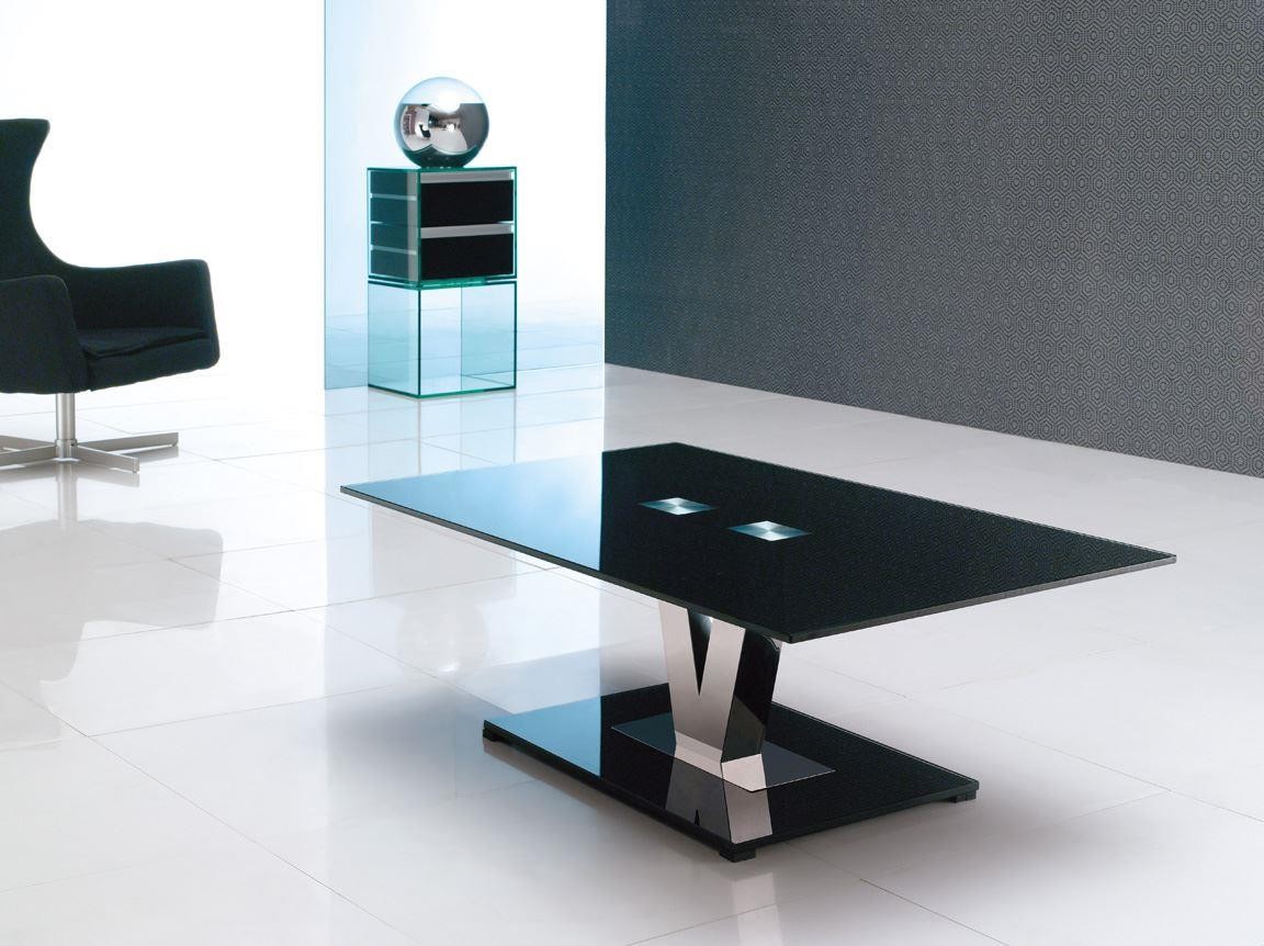 Vidal Designer Glass Coffee Table [Black Glass and Polished Steel]