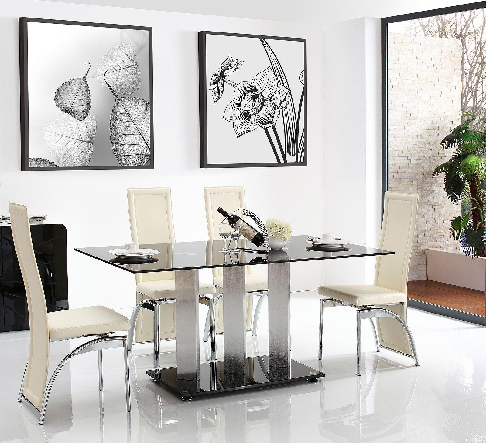 Vienna Black Glass 160cm Dining Table with 6 Alisa Dining Chair [Ivory]