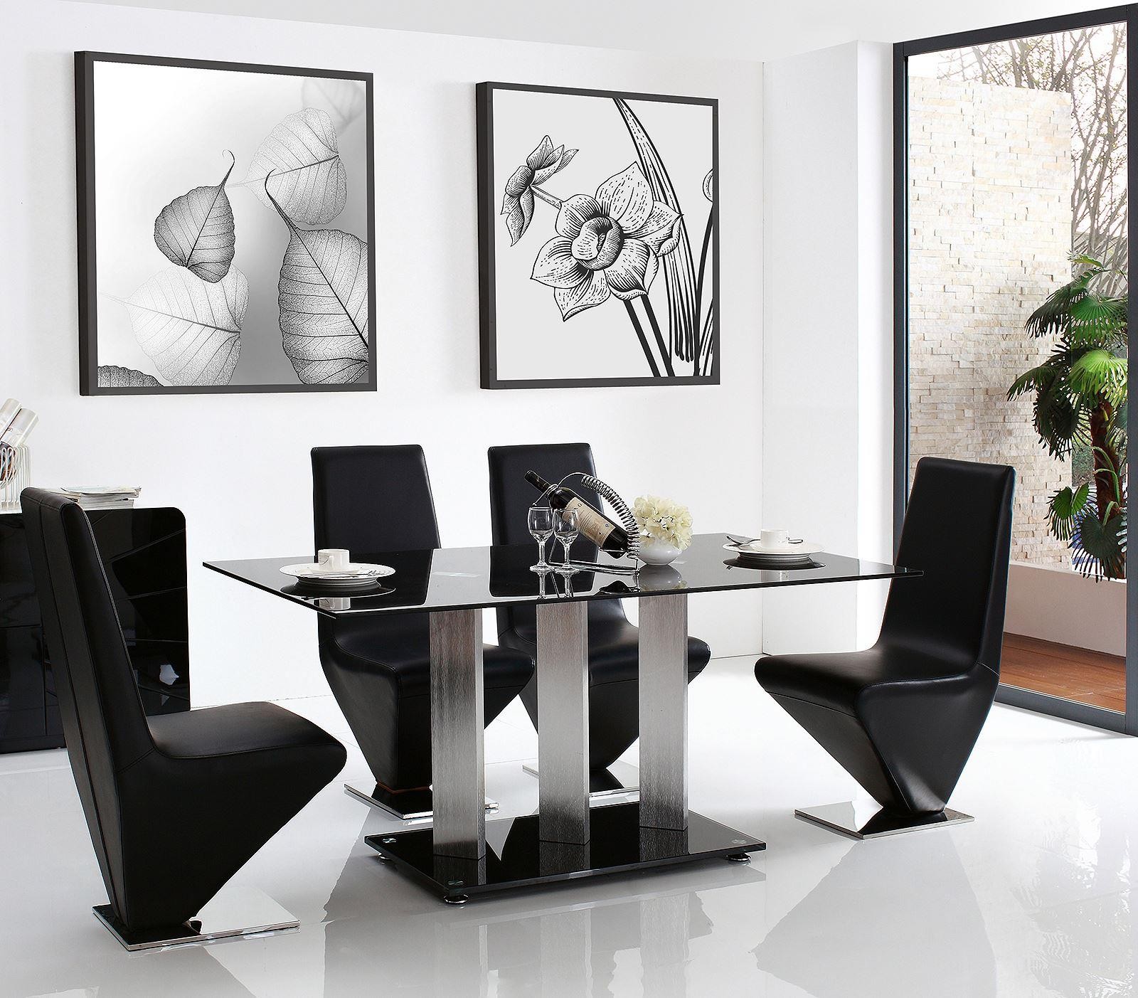 Vienna Black Glass 160cm Dining Table with 4 Rita Designer Dining Chairs [Black]