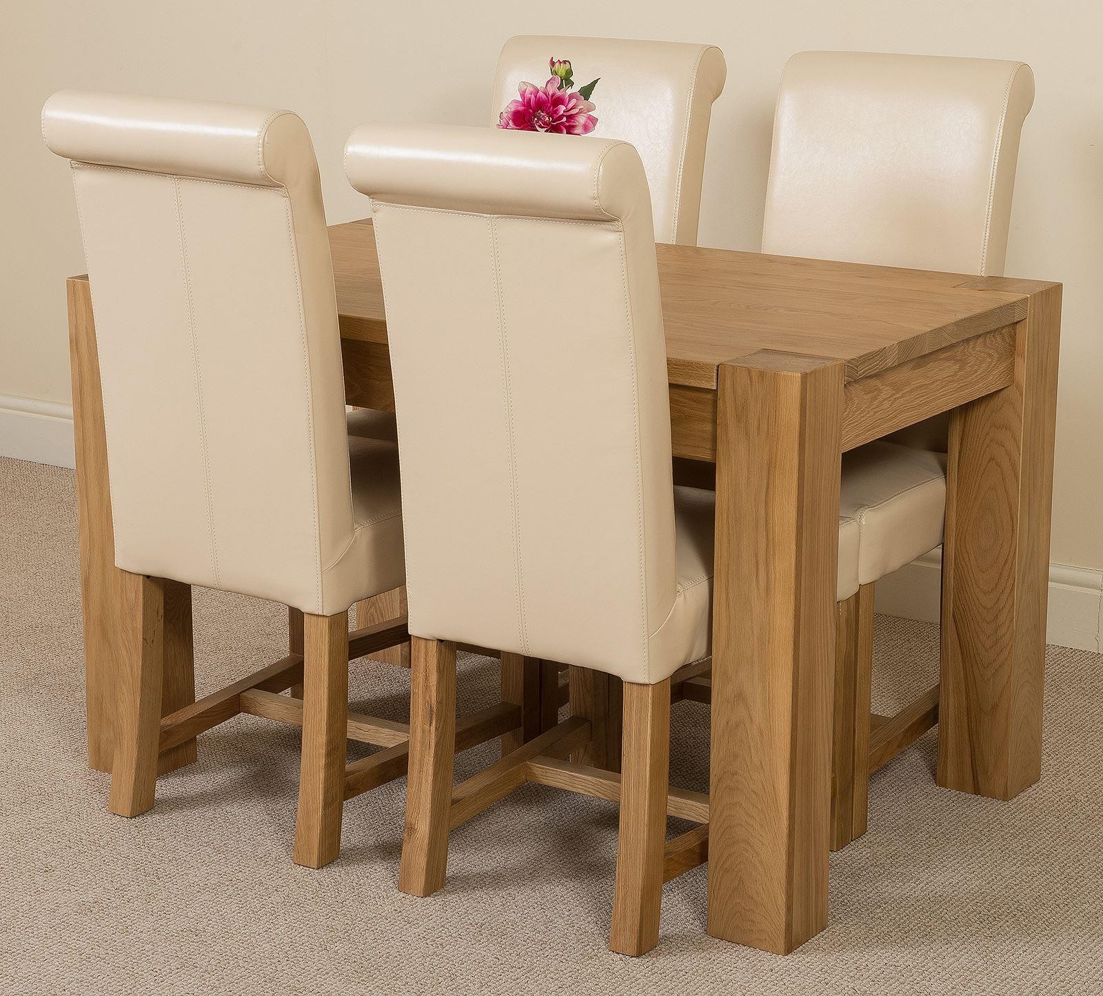Kuba Solid Oak 125cm Dining Table with 4 Washington Dining Chairs [Ivory Leather]