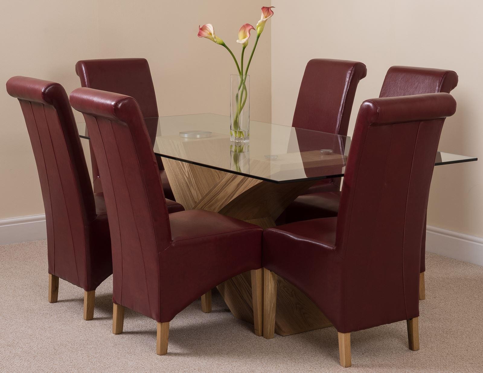 Valencia Oak 200cm Wood and Glass Dining Table with 6 Montana Dining Chairs [Burgundy Leather]