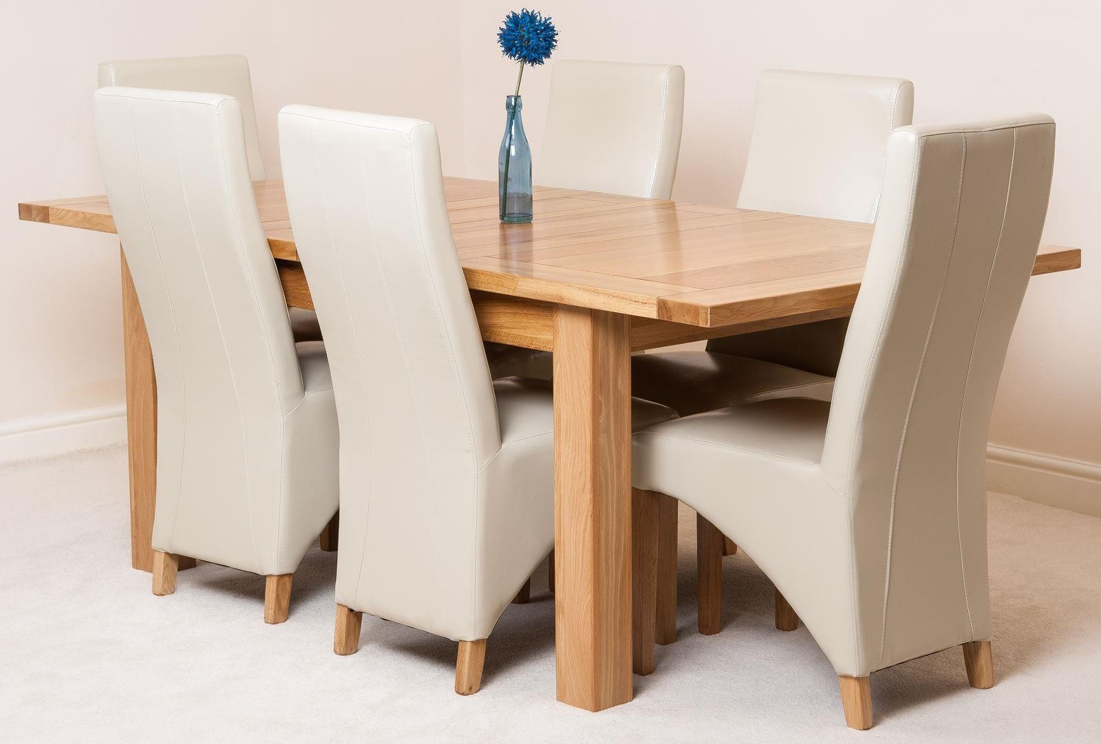 Seattle Solid Oak 150cm-210cm Extending Dining Table with 6 Lola Dining Chairs [Ivory Leather]