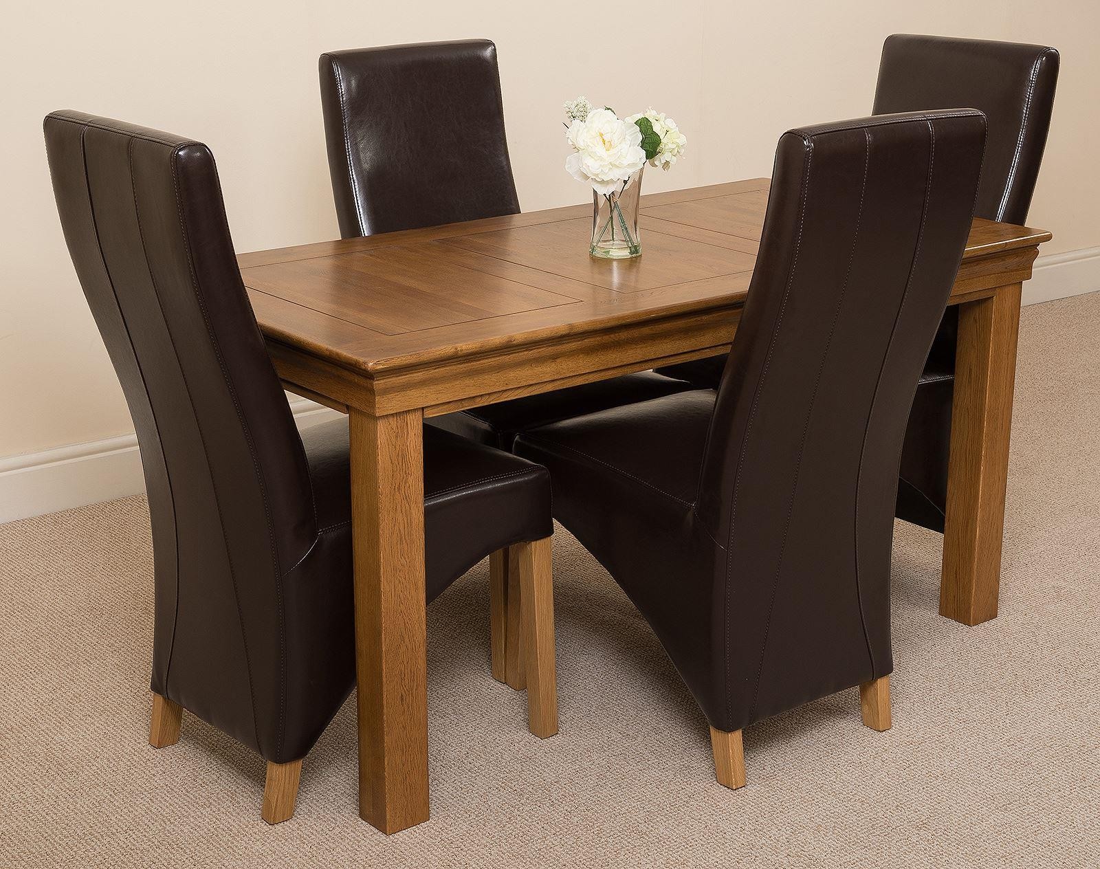 French Chateau Rustic Oak Dining Table with 4 brown Lola Dining Chairs