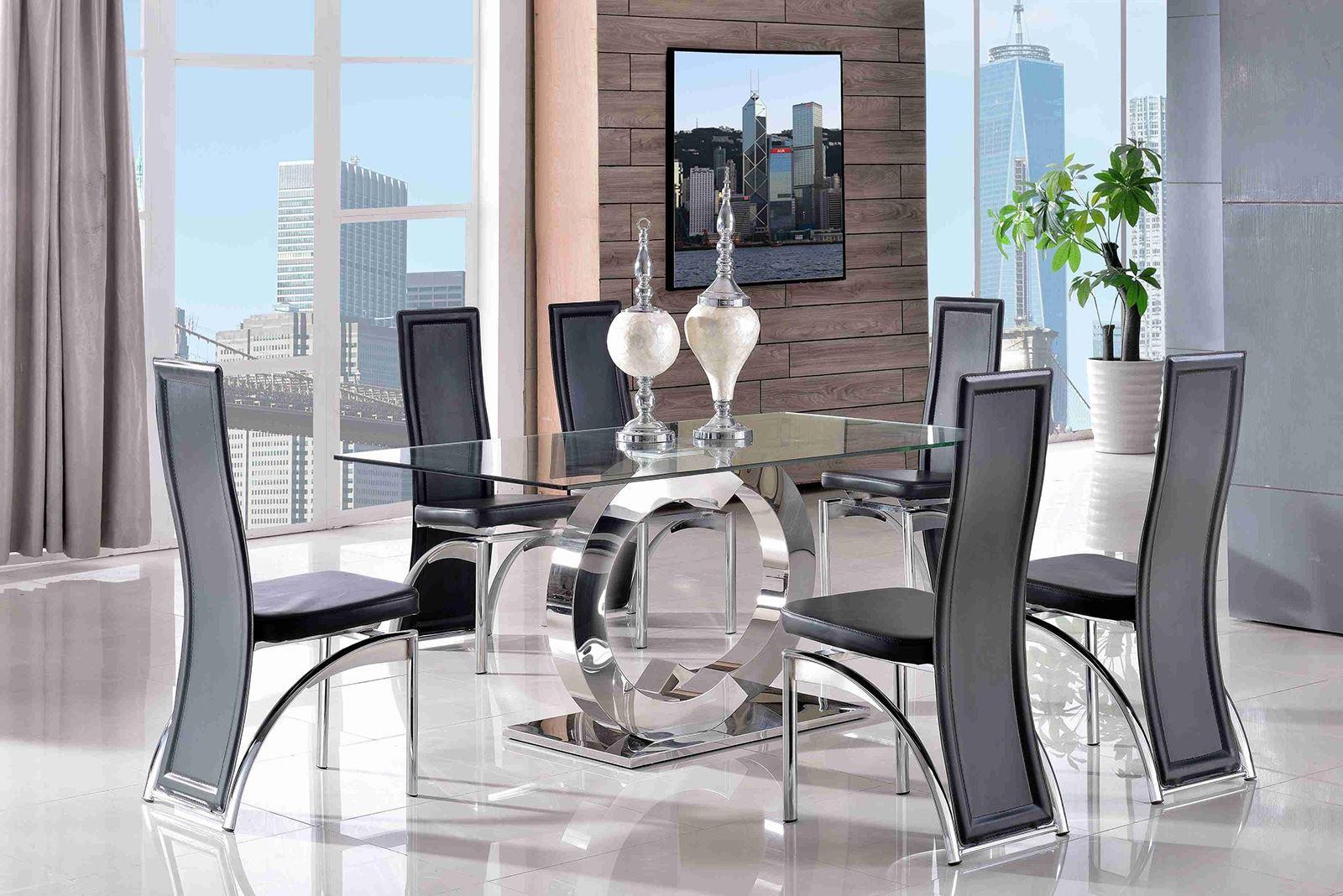 Channel Glass and Polished Steel Dining Table with 6 Alisa Dining Chair [Black]