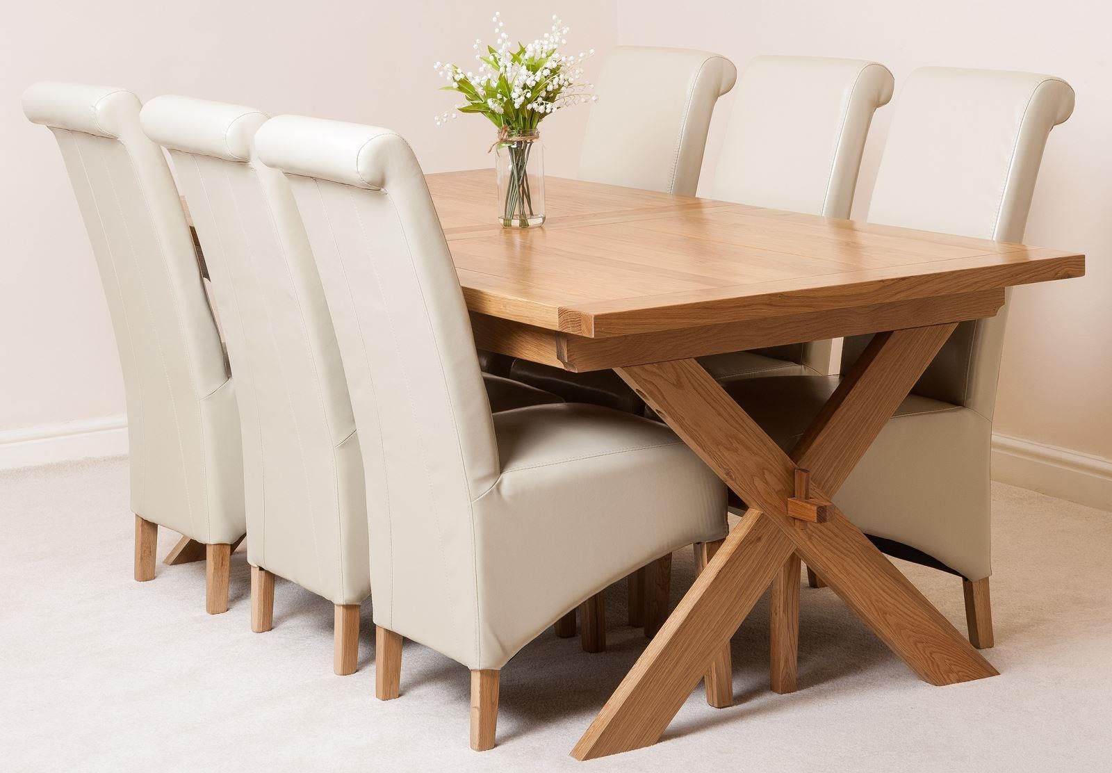 Vermont Solid Oak 200cm-240cm Crossed Leg Extending Dining Table with 6 Montana Dining Chairs [Ivory Leather]