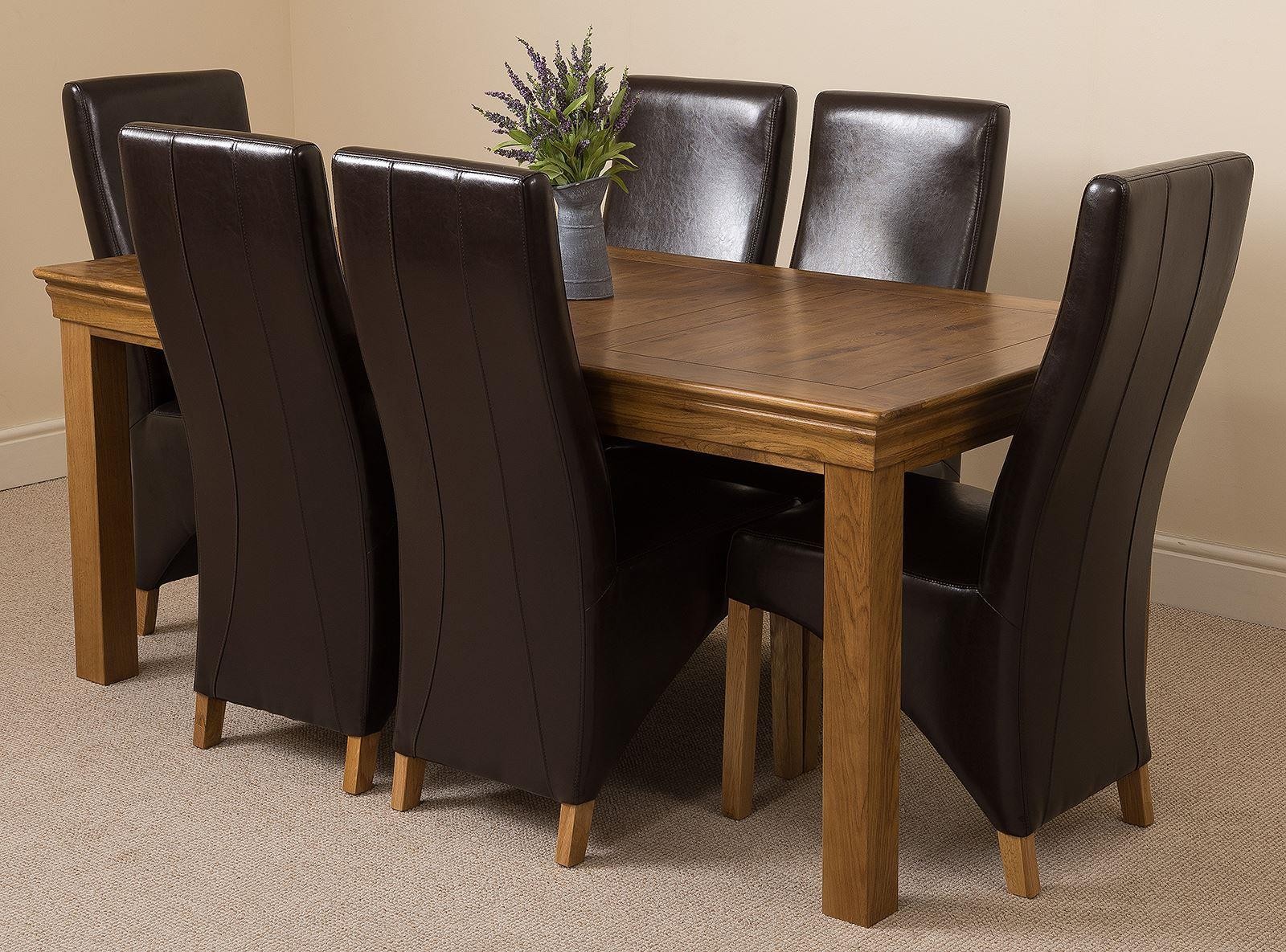 French Chateau Rustic Oak Dining Table with 6 brown Lola Dining Chairs
