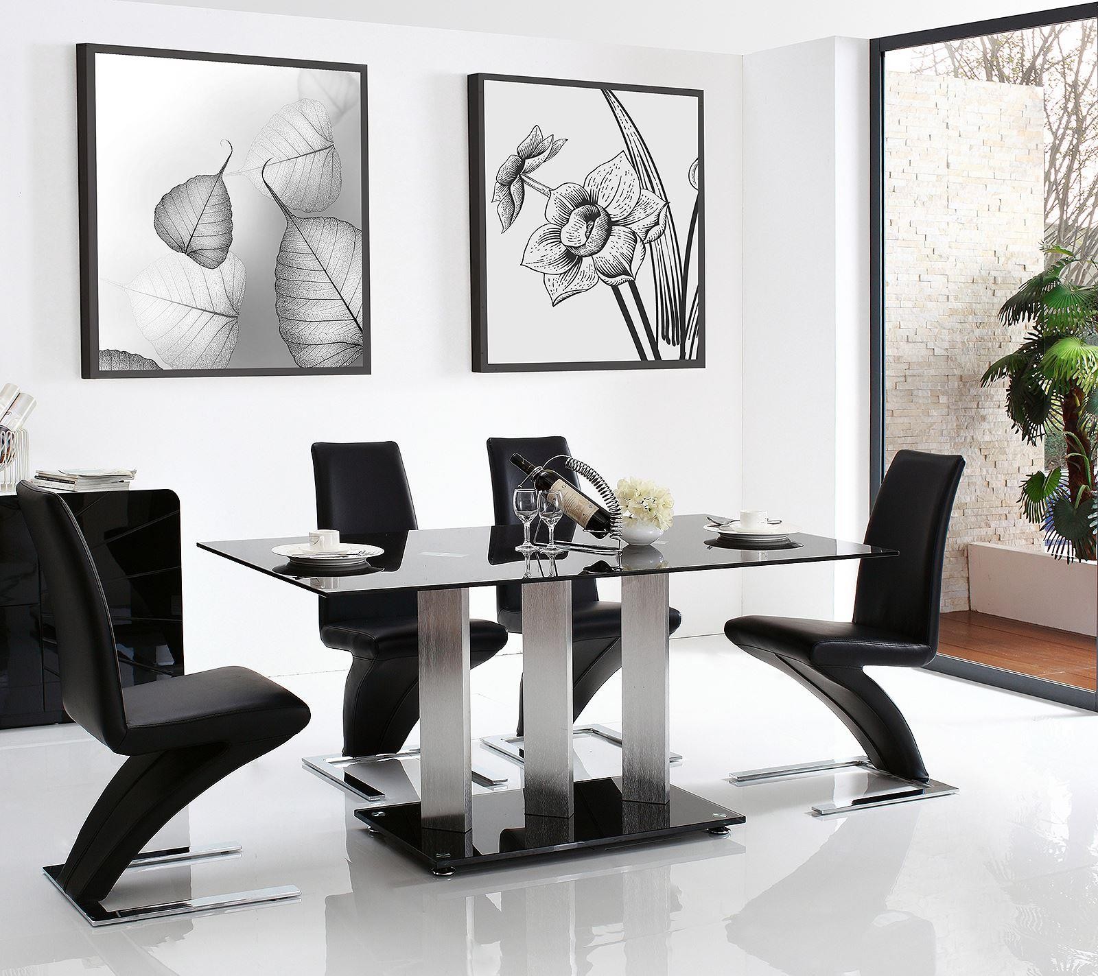 Vienna Black Glass 160cm Dining Table with 6 Zed Designer Dining Chairs [Black]
