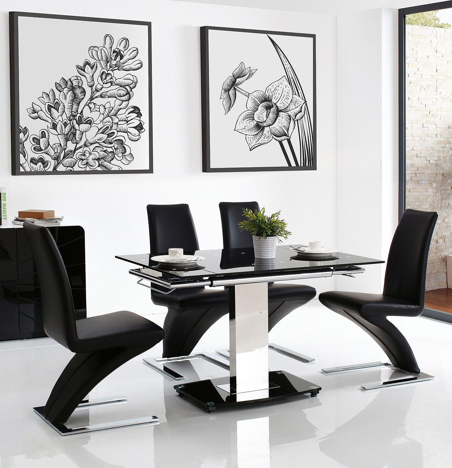 Enzo 80-120cm Extending Glass Dining Table with 6 Zed Designer Dining Chairs [Black]