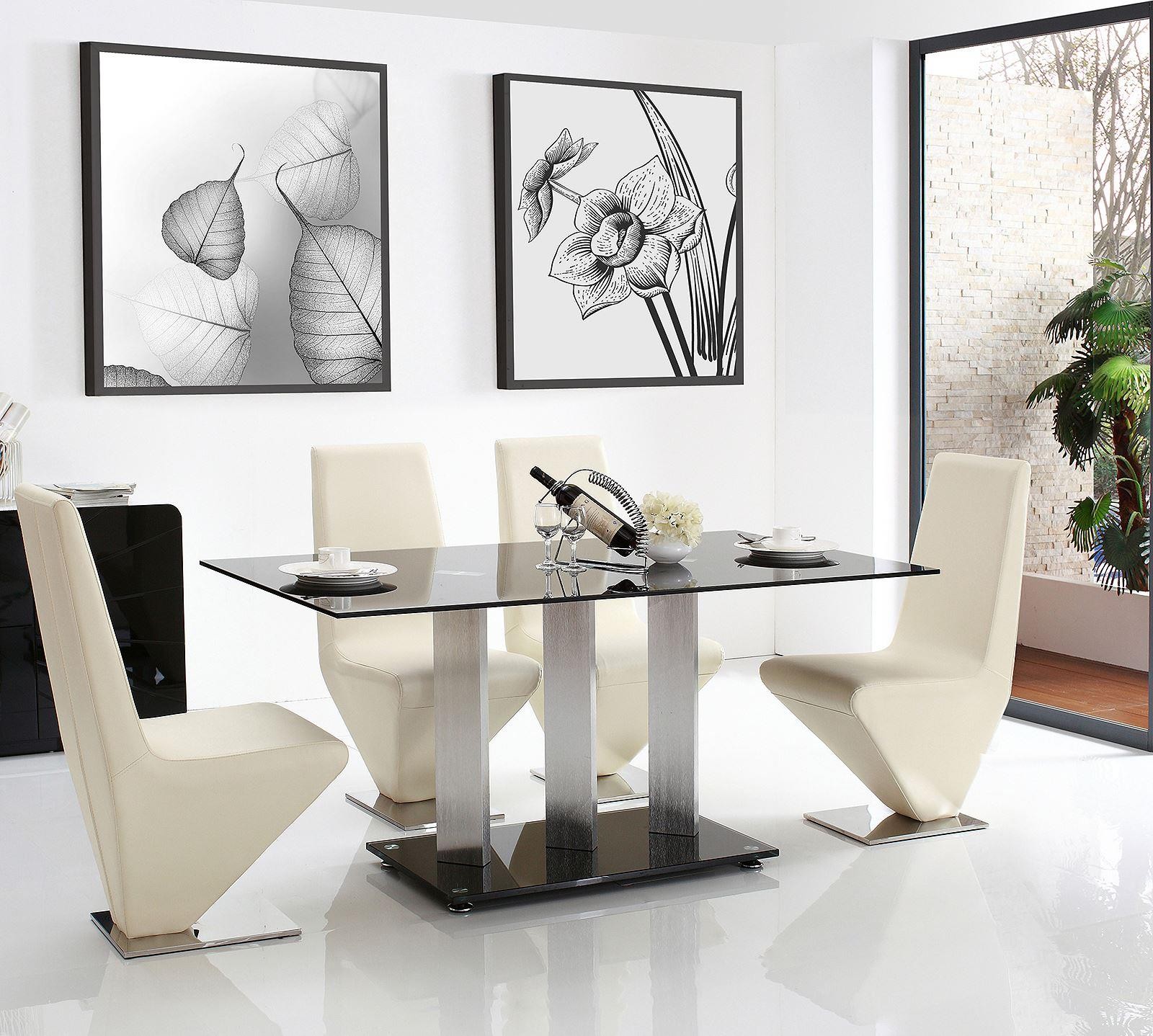 Vienna Black Glass 160cm Dining Table with 4 Rita Designer Dining Chairs [Ivory]