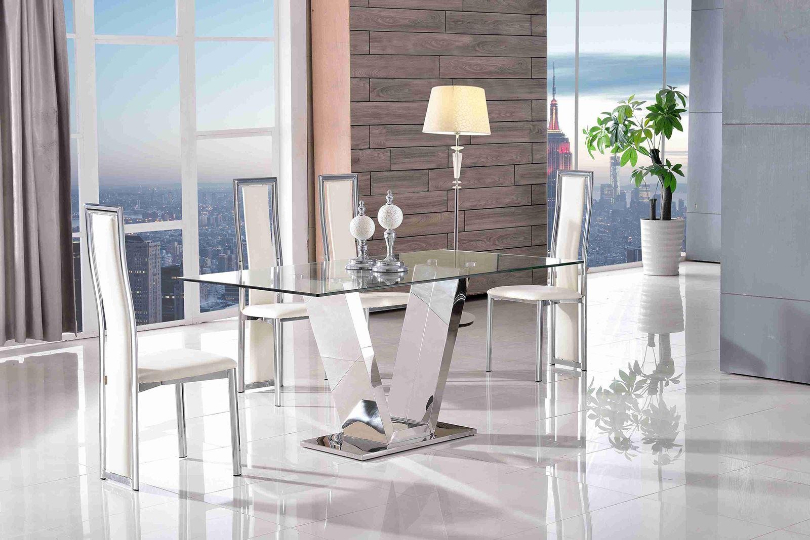 Valentino Glass and Steel Designer Dining Table with 6 Elsa Designer Dining Chairs [Ivory]