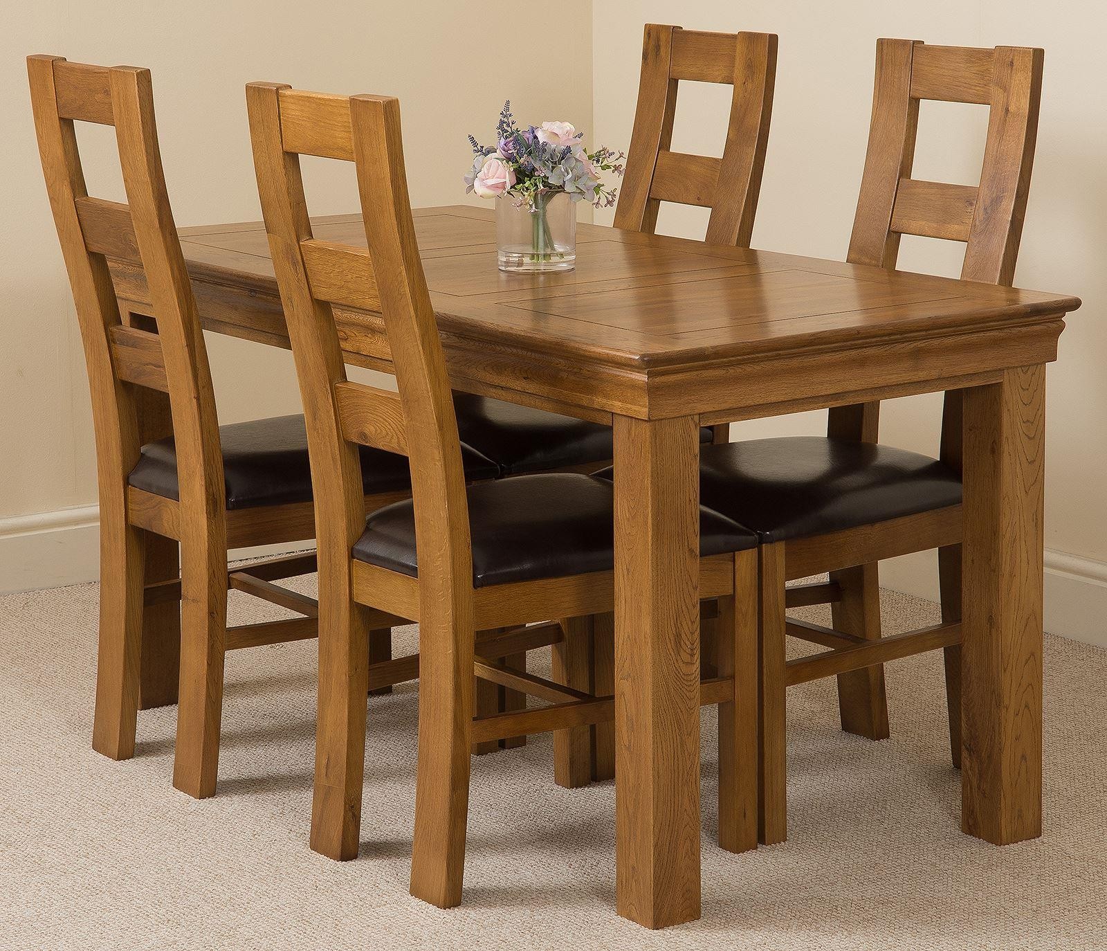 French Chateau Rustic Solid Oak 150cm Dining Table with 4 Yale Solid Oak Dining Chairs [Rustic Oak and Brown Leather]