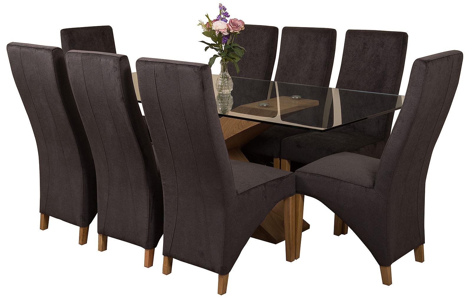 Valencia Oak 200cm Wood and Glass Dining Table with 8 Lola Dining Chairs [Black Fabric]
