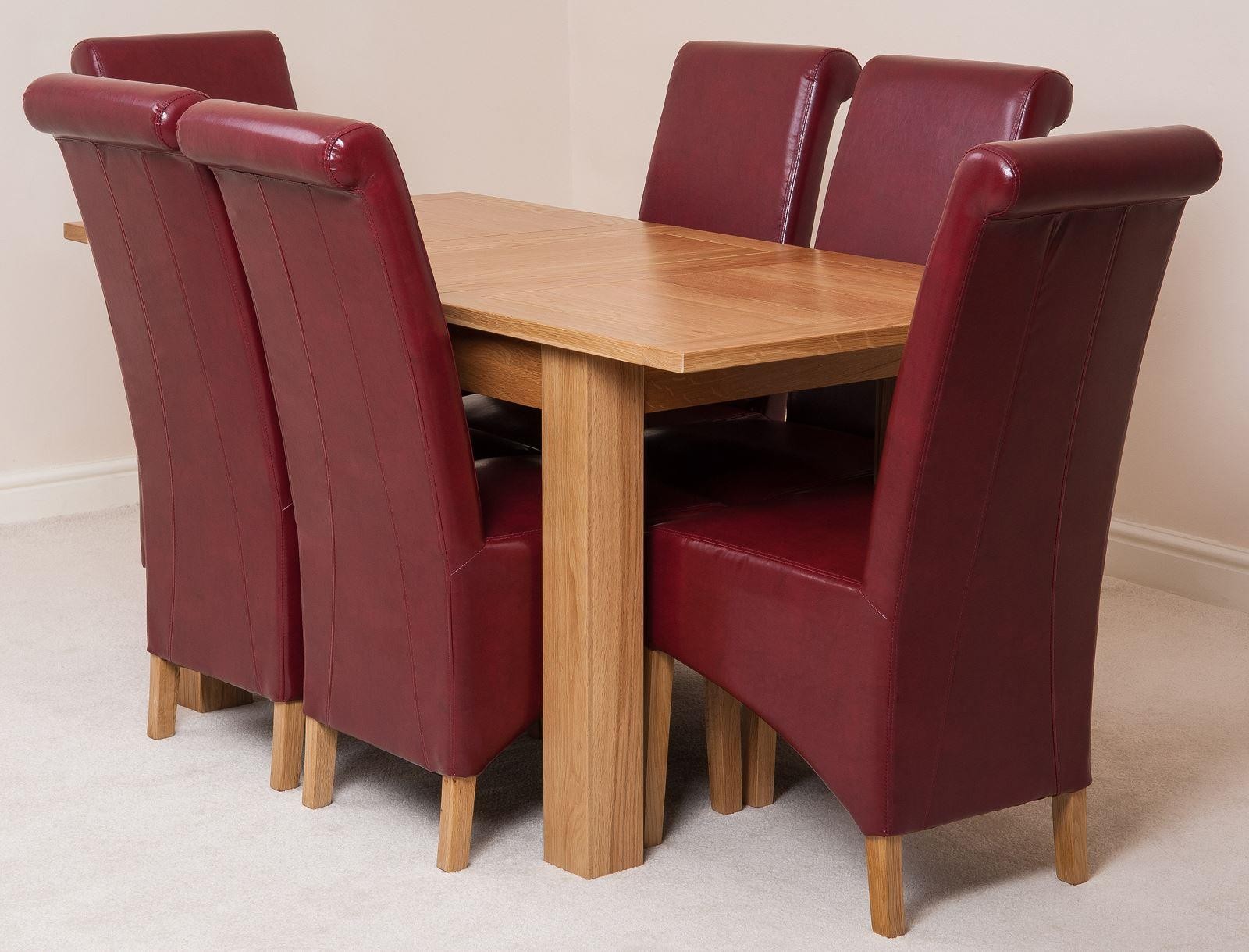 Hampton Solid Oak 120-160cm Extending Dining Table with 6 Montana Dining Chairs [Burgundy Leather]