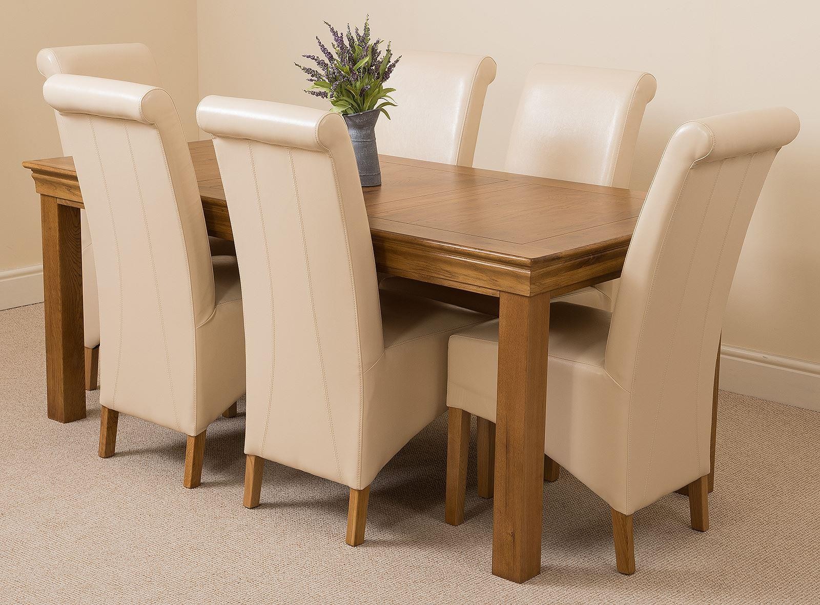 French Chateau Rustic Oak Dining Table with 6 Ivory Montana Dining Chairs