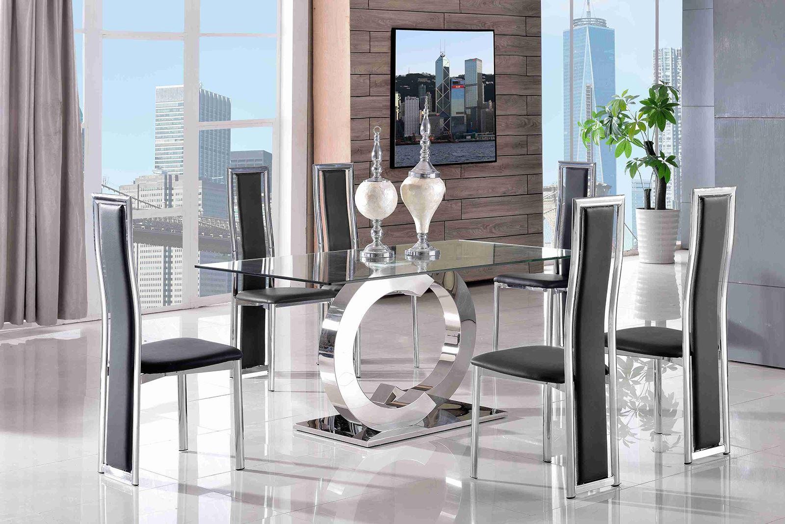 Channel Glass and Polished Steel Dining Table with 6 Elsa Designer Dining Chairs [Black]