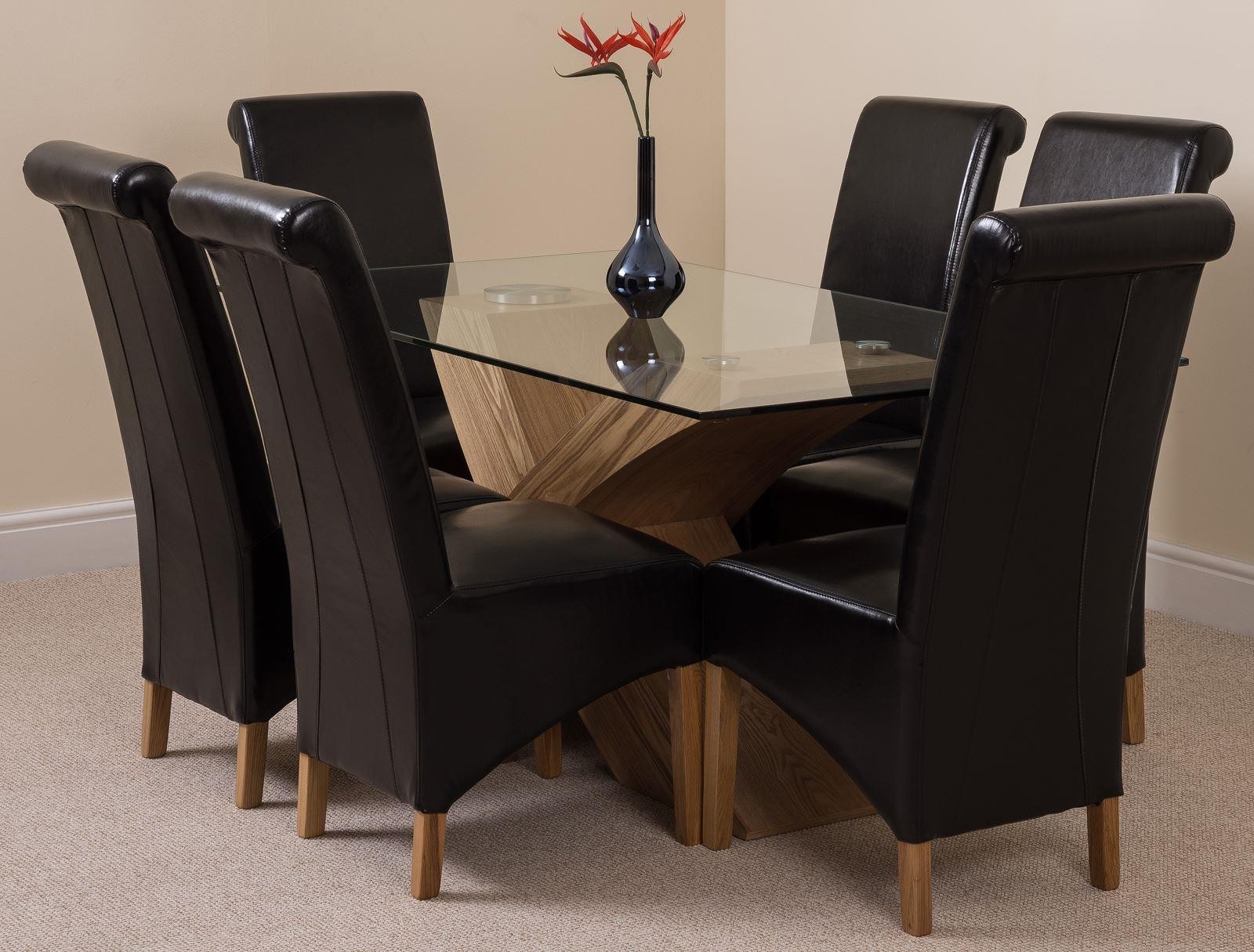 Valencia Oak 160cm Wood and Glass Dining Table with 6 Montana Dining Chairs [Black Leather]