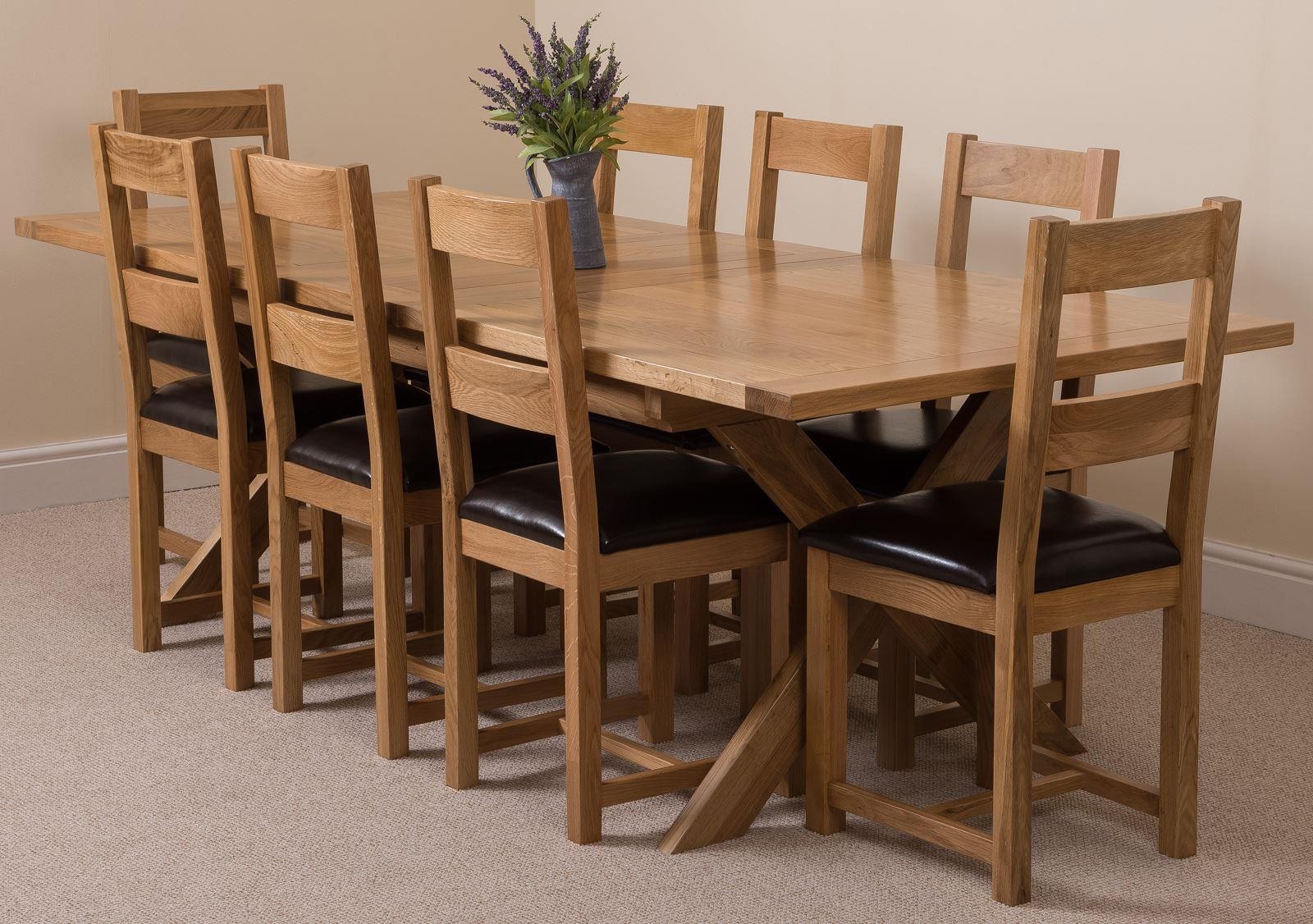 Vermont Solid Oak 200cm 240cm Crossed Leg Extending Dining Table With 8 Lincoln Solid Oak Dining Chairs Light Oak And Brown Leather