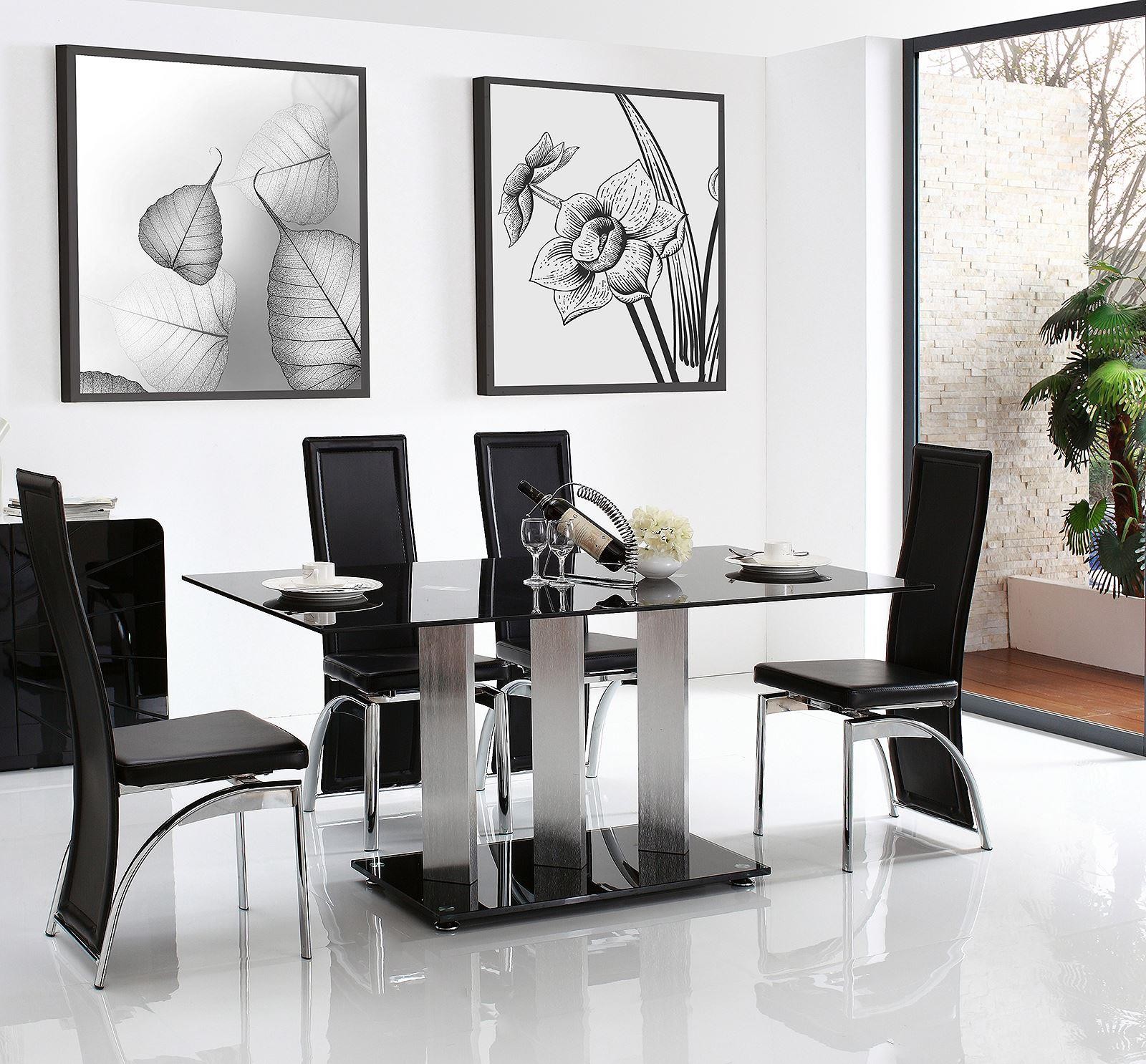 Vienna Black Glass 160cm Dining Table with 6 Alisa Dining Chair [Black]