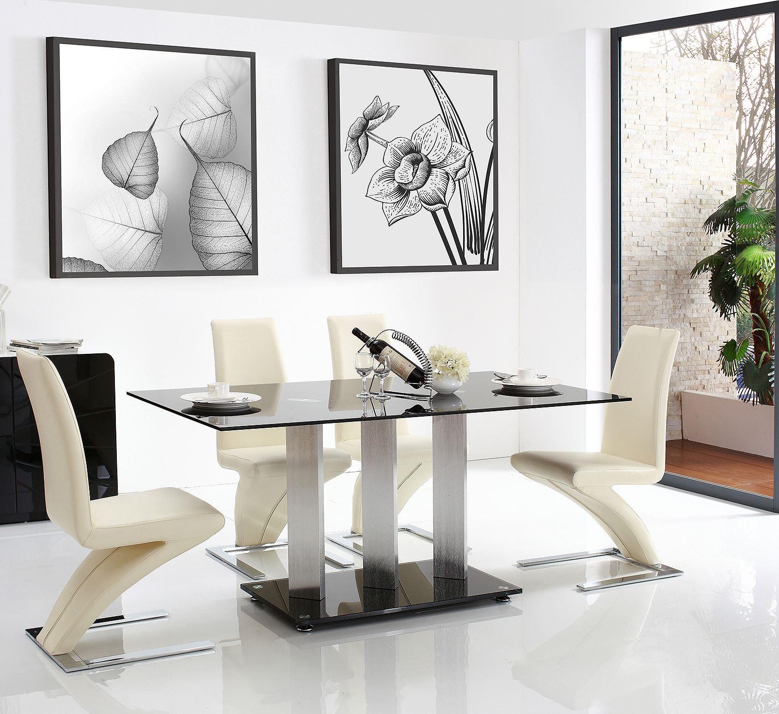 Vienna Black Glass 160cm Dining Table with 4 Zed Designer Dining Chairs [Ivory]