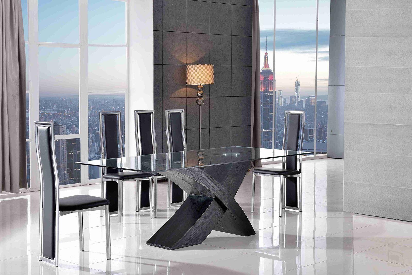 Valencia Black 160cm Wood and Glass Dining Table with 6 Elsa Designer Dining Chairs [Black] 