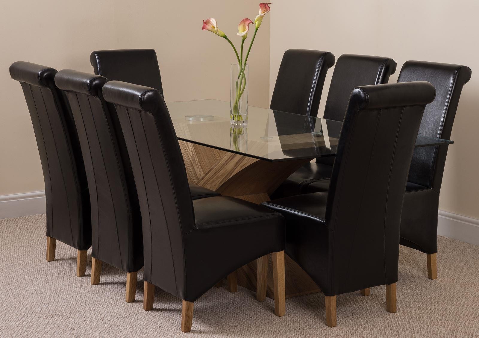 Valencia Oak 200cm Wood and Glass Dining Table with 8 Montana Dining Chairs [Black Leather]