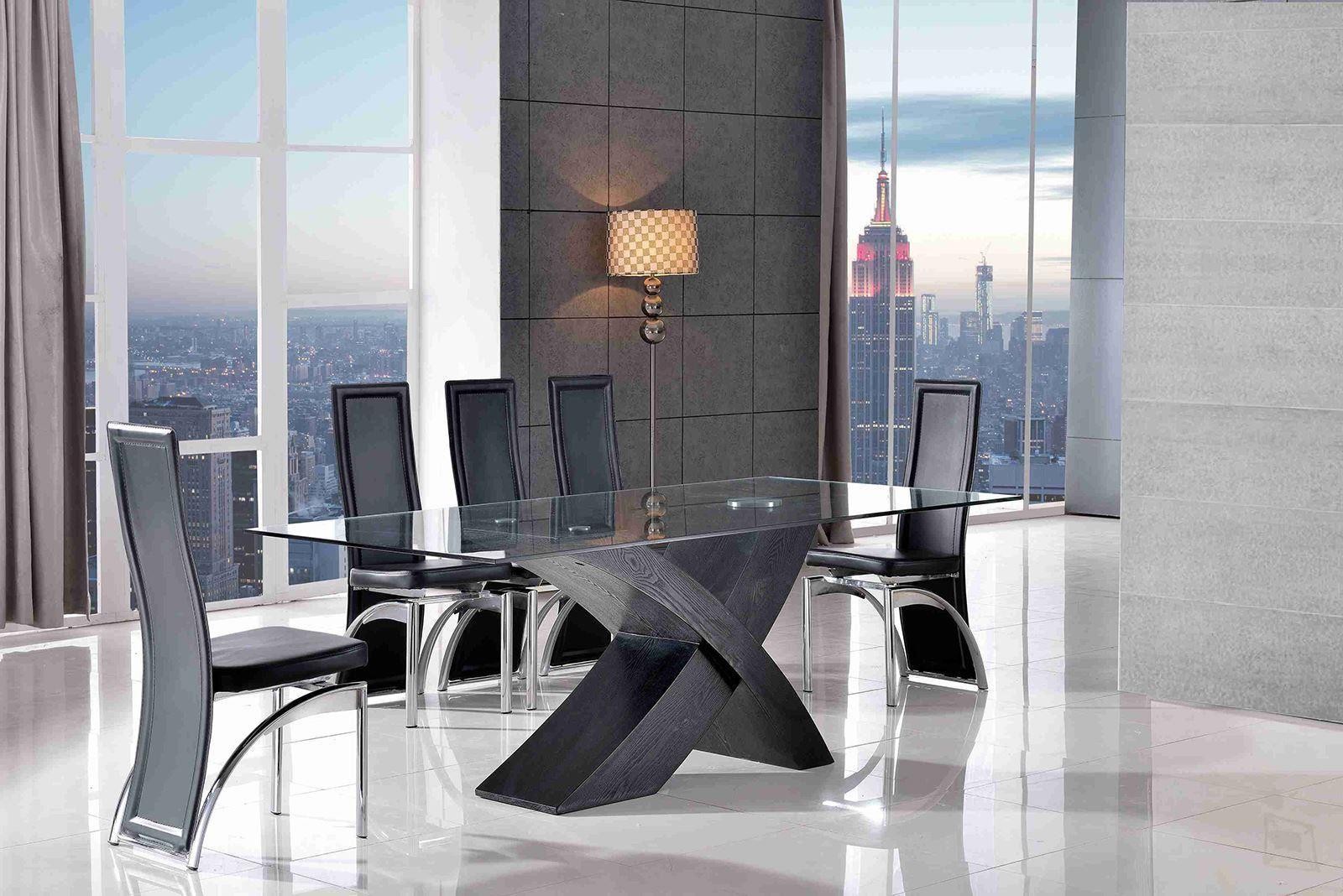 Valencia Black 160cm Wood and Glass Dining Table with 6 Alisa Dining Chair [Black]