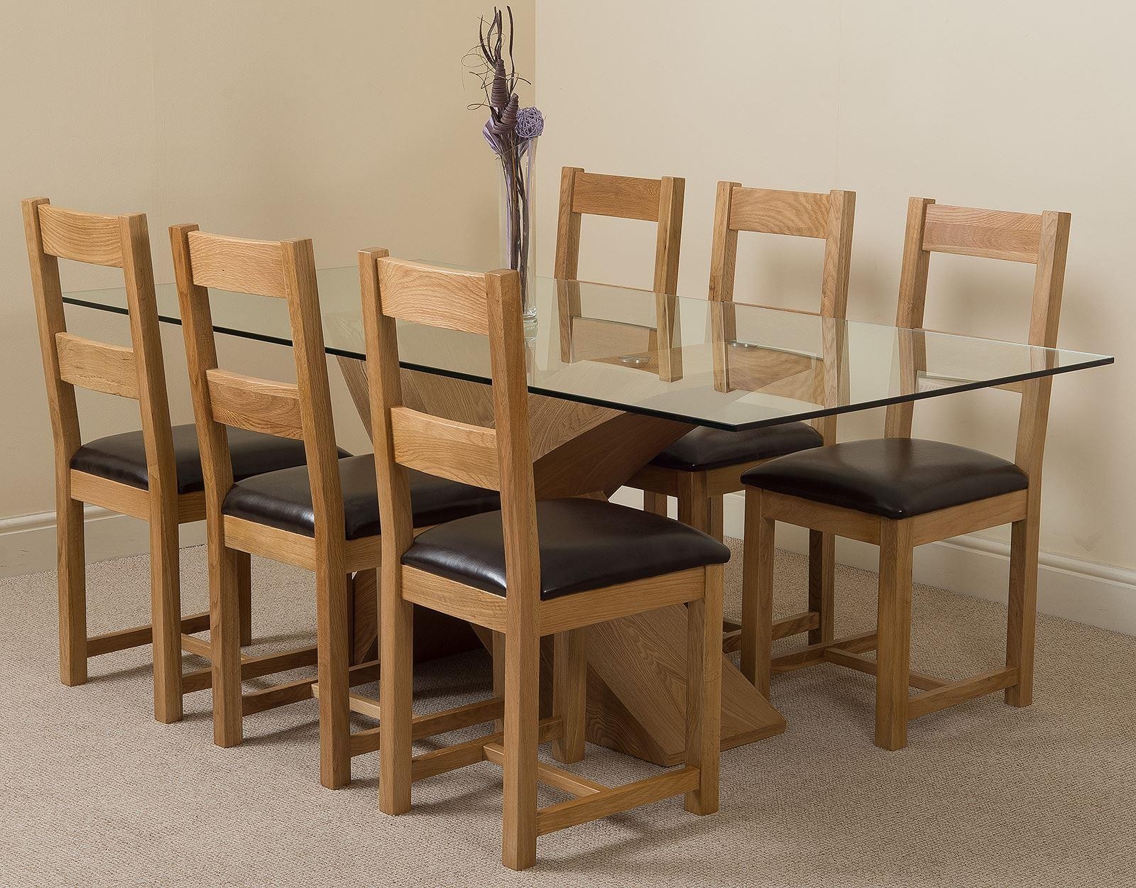 Valencia Oak 200cm Wood and Glass Dining Table with 6 Lincoln Solid Oak Dining Chairs [Light Oak and Brown Leather]