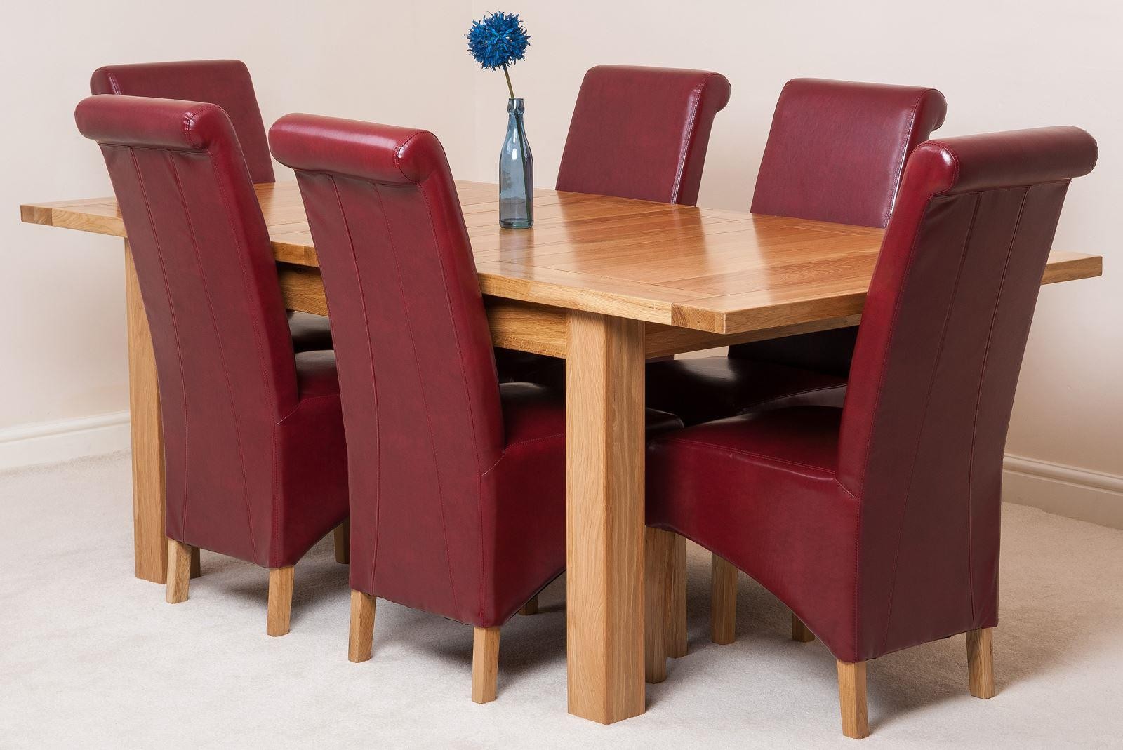 Seattle Solid Oak 150cm-210cm Extending Dining Table with 6 Montana Dining Chairs [Burgundy Leather]