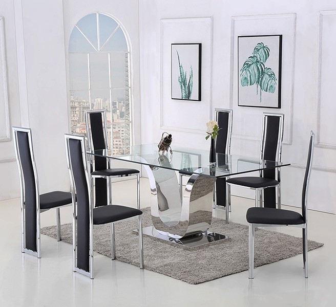 Alexandria Glass and Chrome 180 cm Dining Table and 4 Black Elsa Chairs Set