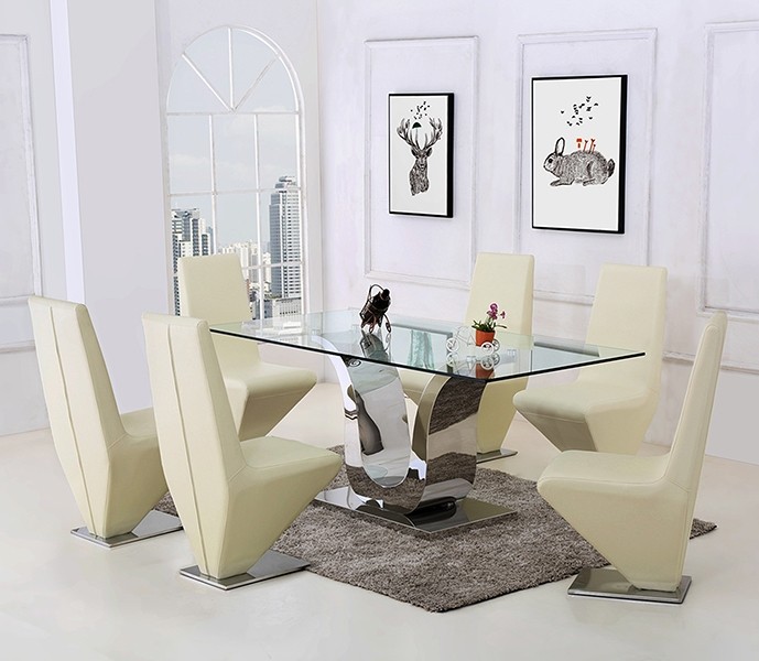Alexandria Glass and Chrome 180 cm Dining Table and 6 Ivory Rita Chairs Set