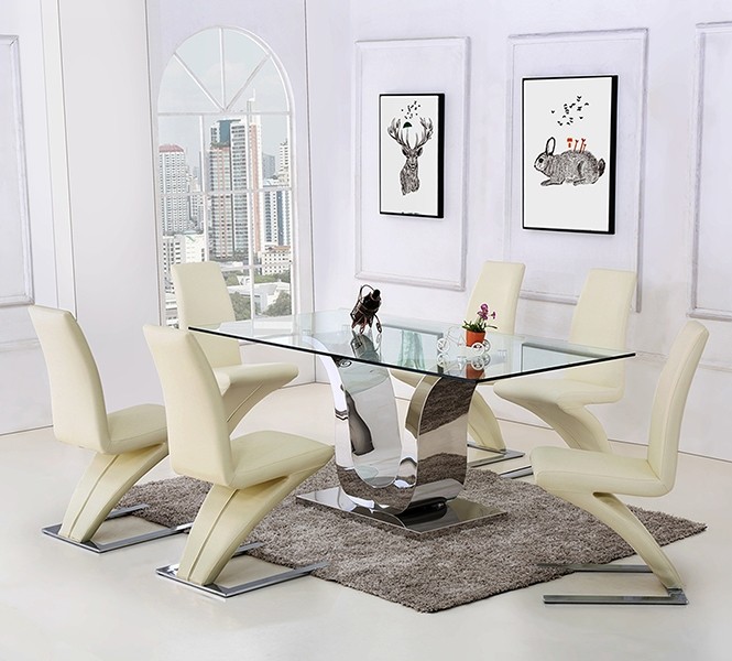 Alexandria Glass and Chrome 180 cm Dining Table and 6 Ivory Zed Chairs Set