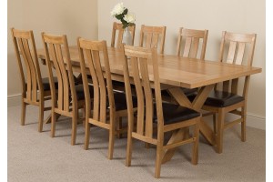 Vermont Solid Oak 200cm-240cm Crossed Leg Extending Dining Table with 8 Princeton Solid Oak Dining Chairs [Light Oak and Brown Leather]