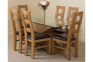 Valencia Oak 160cm Wood and Glass Dining Table with 6 Yale Solid Oak Dining Chairs [Light Oak and Brown Leather]