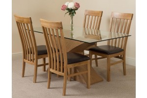 Valencia Oak 160cm Wood and Glass Dining Table with 4 Harvard Solid Oak Dining Chairs [Light Oak and Brown Leather]