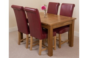 Cotswold Rustic Solid Oak 132cm-198cm Extending Farmhouse Dining Table with 4 Washington Dining Chairs [Burgundy Leather]